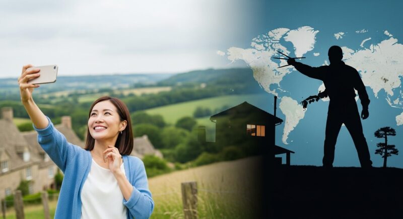 旅先で楽しそうにスマホを操作する女性の背後に、地図上のピンと泥棒のシルエットが浮かび上がり、留守宅が狙われている様子を暗示するイメージ。