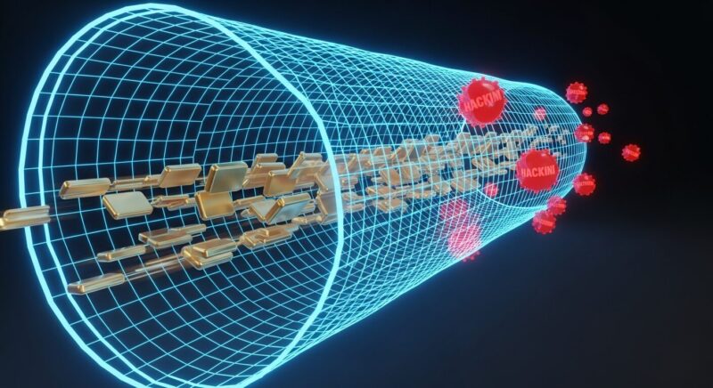 インターネットの空間に青く光る頑丈なデジタルトンネルがあり、その中をデータが安全に通過している様子を描いた3Dイメージ。