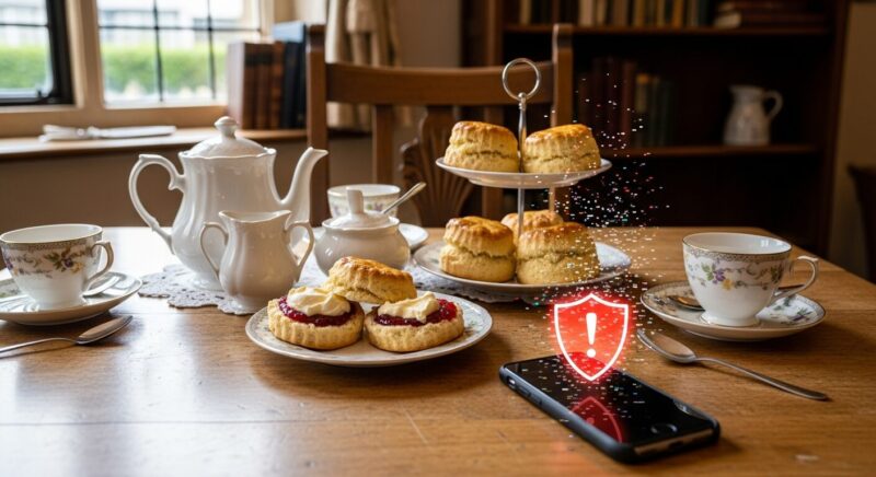  英国風のアンティークなカフェのテーブルで、コーヒーとスマートフォンが置かれている。スマホからは赤い警告の光や鎖のようなエフェクトが出ており、危険なWi-Fi接続を表現している。