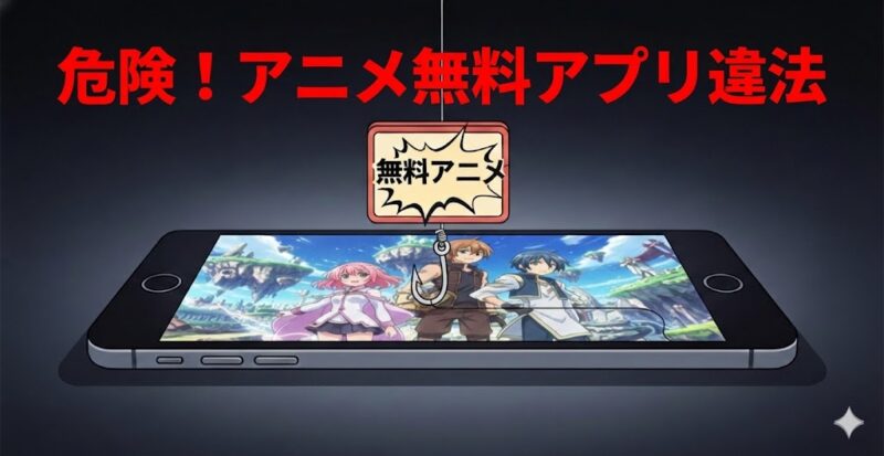無料アニメのアイコンが表示されたスマートフォンから釣り針が垂れ下がり、違法な無料アプリに潜む危険な罠を象徴しているイラスト。