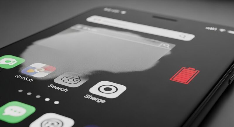 バッテリーが急速に減っていく様子と、スマートフォンの画面にうっすらと焼き付きが起きている様子を表現した警告的なイメージ。