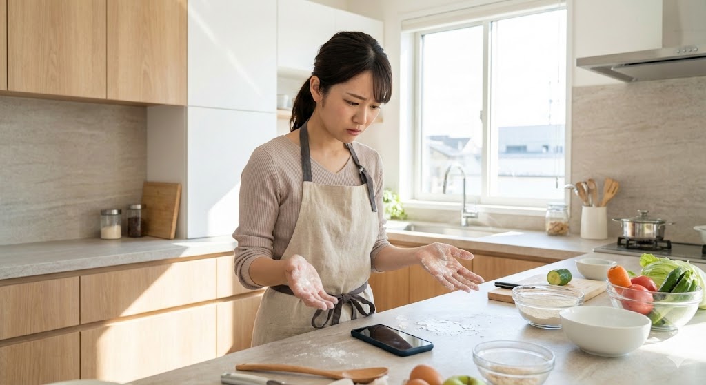 キッチンで料理中にiPhoneの画面が暗くなってしまい、困った表情で画面を見つめている20代日本人女性。