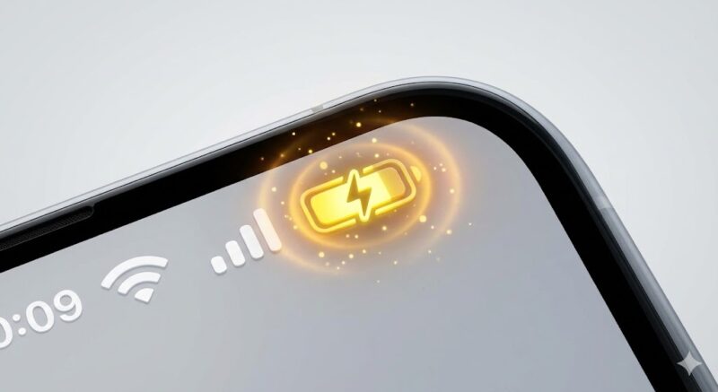 iPhoneのバッテリー残量アイコンが黄色になっており、低電力モードがオンであることを示している3Dイラスト。