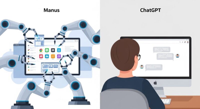 左側に自律的にアプリを操作するAIアーム、右側に人間と対話するチャットAIを描き、AIエージェント（Manus）と対話型AI（ChatGPT）の機能的な違いを比較しているイラスト。