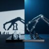 AIロボットアームがチェスを指しているが、その影は危険な鍵穴の形をしている。最新AIエージェントManusの利便性の裏に潜む、情報漏洩やセキュリティリスクを象徴的に表現した画像。