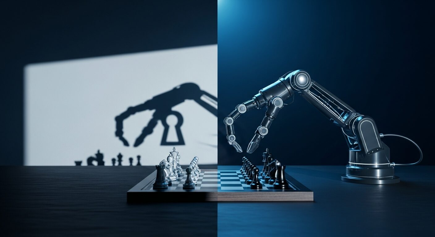 AIロボットアームがチェスを指しているが、その影は危険な鍵穴の形をしている。最新AIエージェントManusの利便性の裏に潜む、情報漏洩やセキュリティリスクを象徴的に表現した画像。