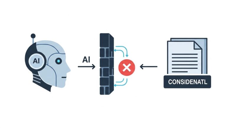 機密データがAIに学習されないよう、壁でブロックされている様子を表したプライバシー保護の概念イラスト。