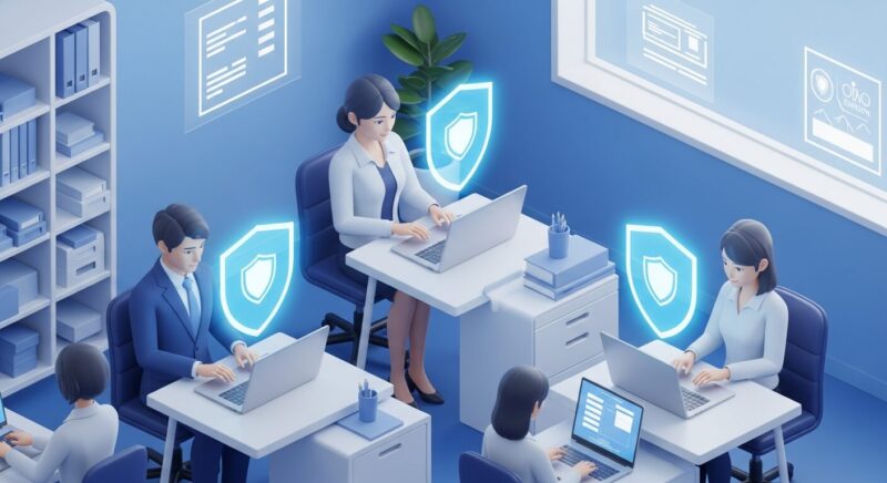 オフィスでノートパソコンを使い自信を持って仕事をする日本のビジネスパーソンと、セキュリティ保護を表す青いデジタルの盾のイラスト。