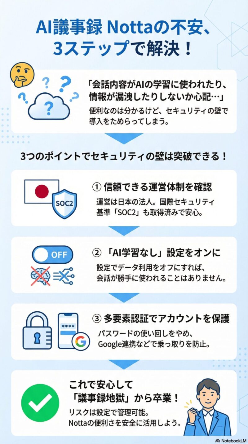 Nottaの安全性検証から設定方法、安全な利用に至るまでの流れを示した縦型の図解イラスト。