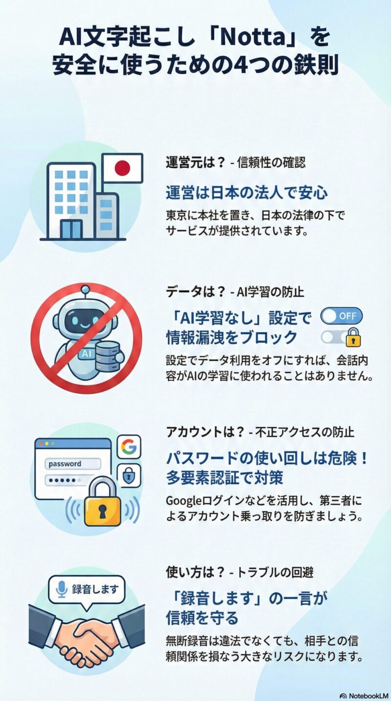 Nottaを安全に使うための4つの重要ポイント（日本運営、学習オフ、パスワード管理、マナー）をまとめた図解。