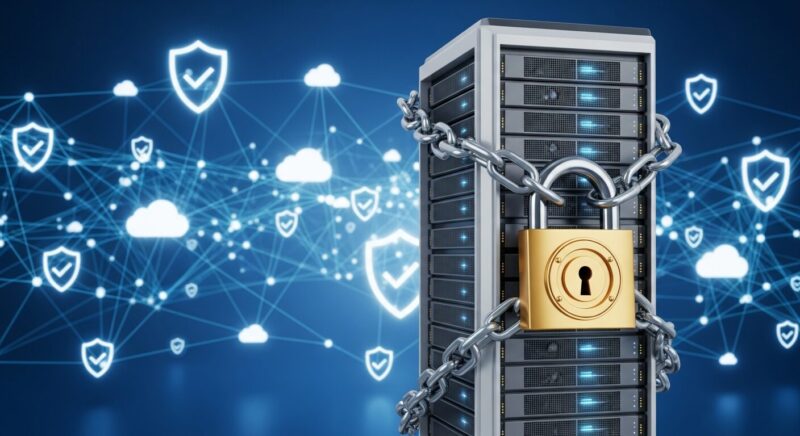 堅牢なサーバータワーが鎖と南京錠で守られている様子を描いた、Nottaのセキュリティの安全性を象徴する3Dイラスト。