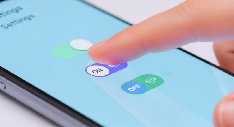 スマートフォンの設定画面で、プライバシー保護のためにトグルスイッチをオフに切り替えている指先のイラスト。