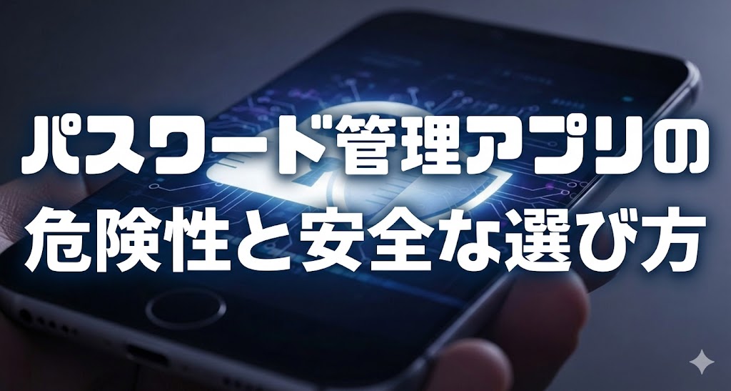 サイバーセキュリティを象徴する暗めの背景に、盾のアイコンが輝くスマートフォンが置かれている。パスワード管理アプリの安全性と危険性を表現した画像