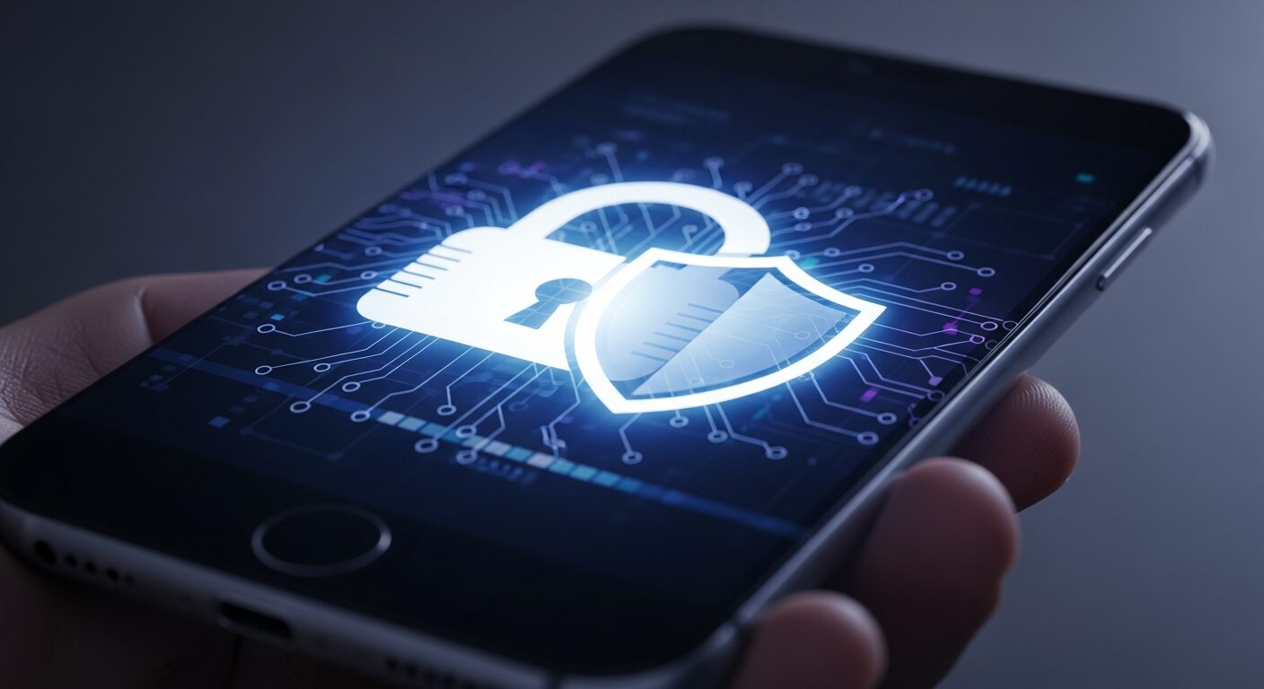 サイバーセキュリティを象徴する暗めの背景に、盾のアイコンが輝くスマートフォンが置かれている。パスワード管理アプリの安全性と危険性を表現した画像。