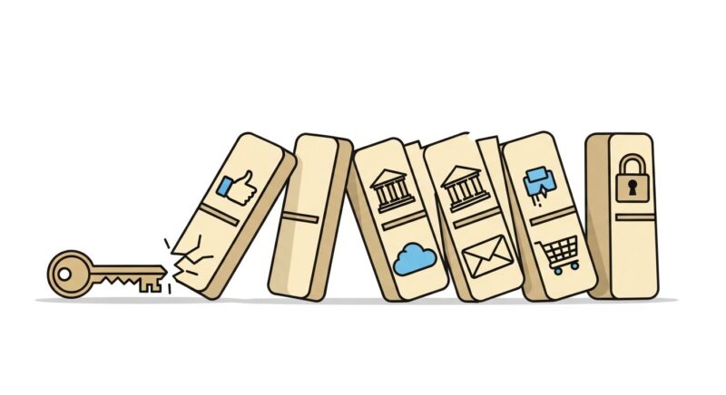 パスワードの使い回しの危険性を示す、鍵のアイコンからSNSや銀行のアイコンへドミノ倒しが起きているイラスト。