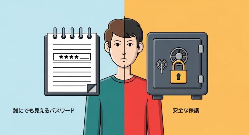 パスワード管理方法の安全性の比較。左側に危険なメモ帳のアイコン、右側に安全な金庫のアイコンが描かれているイラスト。