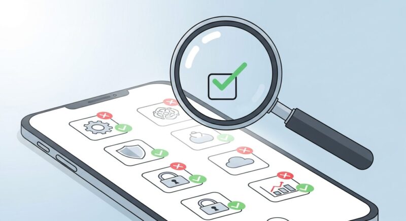 スマートフォンのアプリアイコンを虫眼鏡でチェックしているイラスト。安全なパスワード管理アプリの選び方を象徴している。