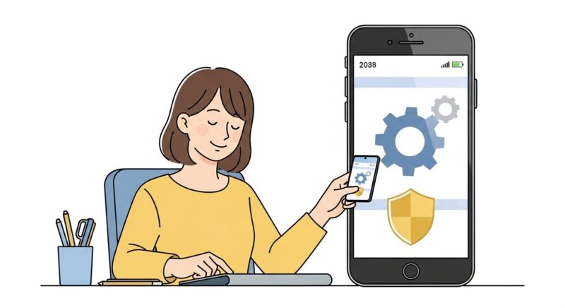 デスクでスマートフォンを操作する女性。スマホ画面には設定と盾のアイコンが表示されており、パスワード管理アプリのセキュリティ設定をしている様子。