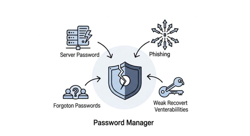 パスワード管理アプリが危険と言われる3つの理由を示すイラスト。サーバー攻撃、一点集中のリスク、マスターパスワードの忘却という脅威が盾のアイコンを狙っている。