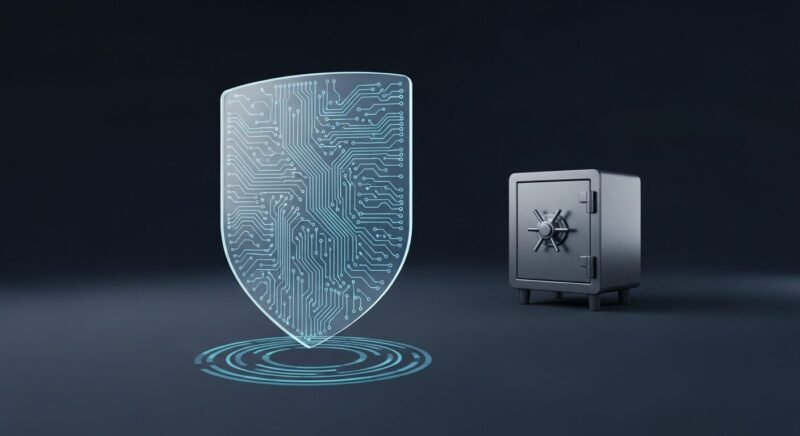 パスワードの二重防御策を象徴するイラスト。手前のデジタルの盾と、奥にある物理的な金庫で、多層的なセキュリティを示している。
