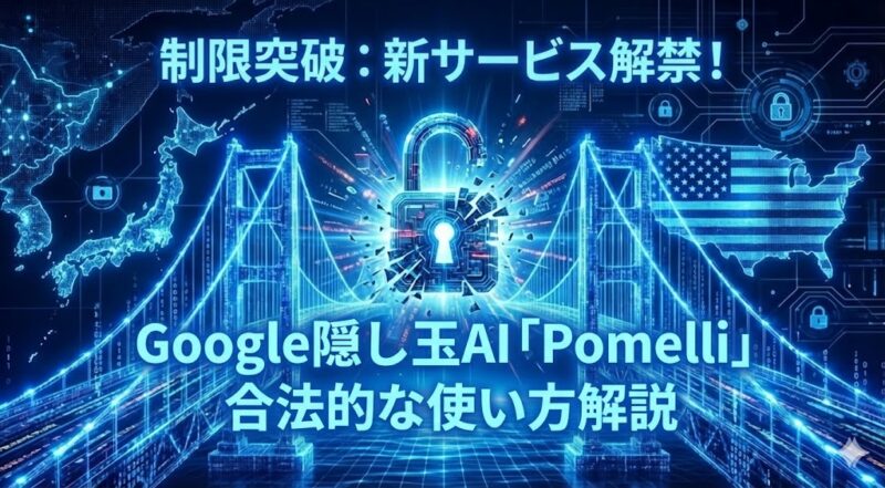 青いサイバー空間で日本とアメリカを繋ぐデジタルな橋が架かり、中央の鍵が砕けて開錠される様子を描いたアイキャッチ画像。上部に「制限突破：新サービス解禁！」というテキストが配置されている。