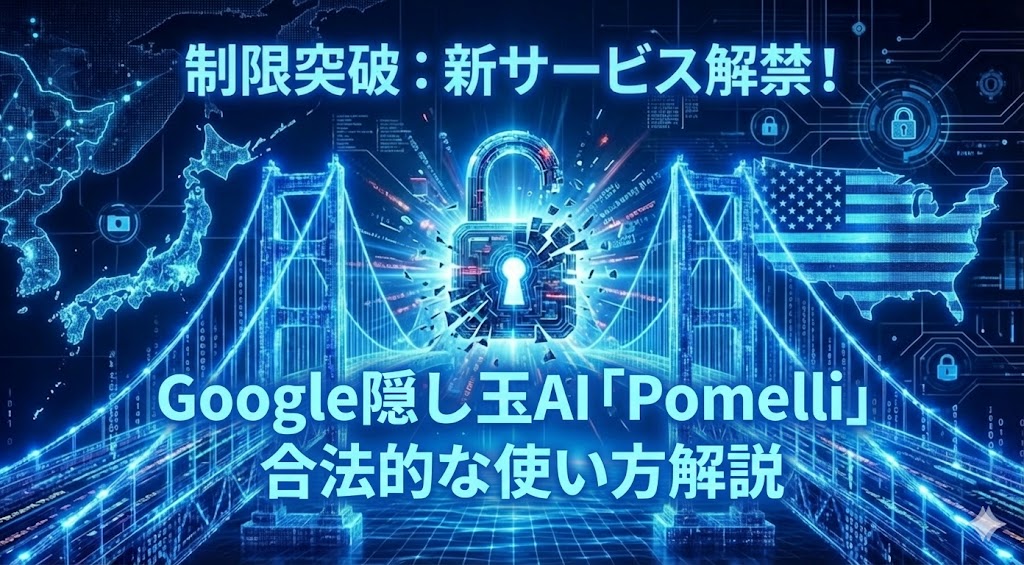 青いサイバー空間で日本とアメリカを繋ぐデジタルな橋が架かり、中央の鍵が砕けて開錠される様子を描いたアイキャッチ画像。上部に「制限突破：新サービス解禁！」というテキストが配置されている。