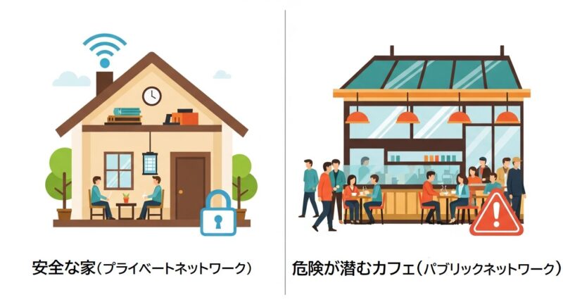 安全な家(プライベートネットワーク)と、危険が潜むカフェ(パブリックネットワーク)を対比させたイラスト。ネットワークの信頼度の違いを視覚的に表現している。