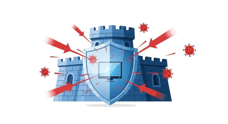 外部の脅威からパソコンを守る、盾の形をしたファイアウォールのイラスト。Windows DefenderがPCを保護する門番の役割であることを示している。