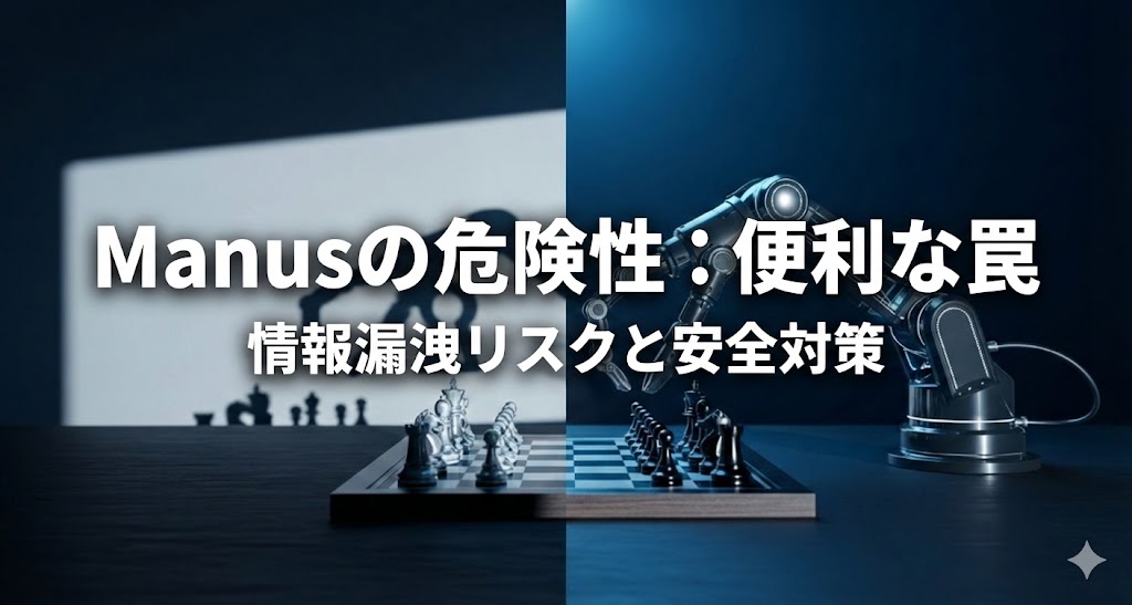 AIロボットアームがチェスを指しているが、その影は危険な鍵穴の形をしている。最新AIエージェントManusの利便性の裏に潜む、情報漏洩やセキュリティリスクを象徴的に表現した画像