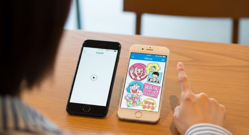 2つの異なるアルバムアプリが表示されたスマホを並べ、比較検討している様子のイメージ。