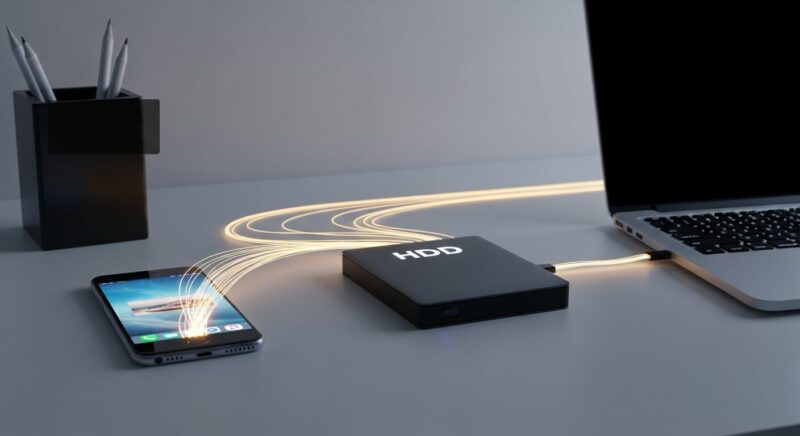 スマホ、外付けHDD、パソコンが接続され、写真データのバックアップを行っているイメージ。