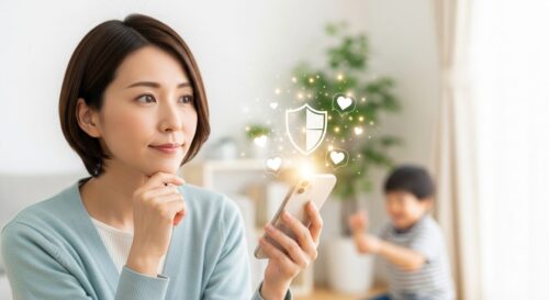 リビングでスマホを見ながらセキュリティについて考えている母親と、背景で遊ぶ子供のイメージ。