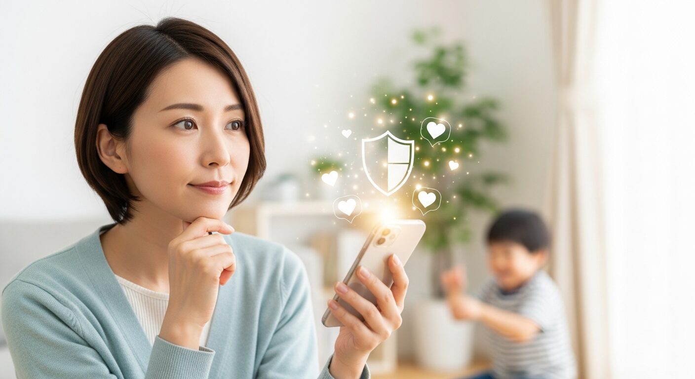 リビングでスマホを見ながらセキュリティについて考えている母親と、背景で遊ぶ子供のイメージ。