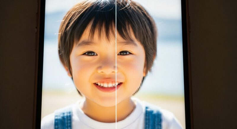 スマホ画面上で、高画質な写真と圧縮されて粗くなった画質の写真を比較しているイメージ。