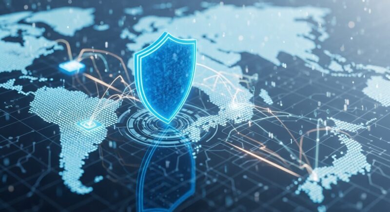 デジタルネットワーク上のデータの流れと、それを保護する青いセキュリティシールドのイメージ。