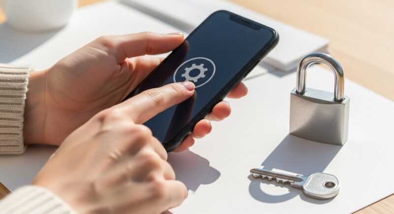 スマホの設定画面を操作する女性の手元と、セキュリティを象徴する南京錠のイメージ。