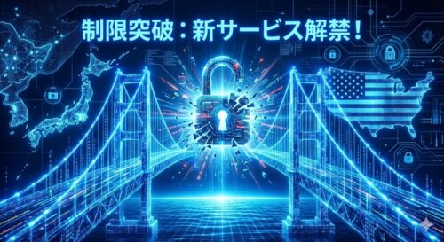青いサイバー空間で日本とアメリカを繋ぐデジタルな橋が架かり、中央の鍵が砕けて開錠される様子を描いたアイキャッチ画像。上部に「制限突破：新サービス解禁！」というテキストが配置されている。