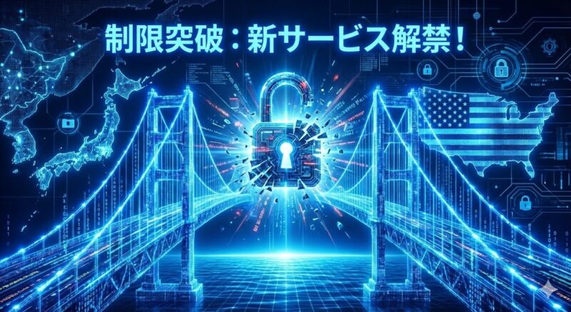 青いサイバー空間で日本とアメリカを繋ぐデジタルな橋が架かり、中央の鍵が砕けて開錠される様子を描いたアイキャッチ画像。上部に「制限突破：新サービス解禁！」というテキストが配置されている。