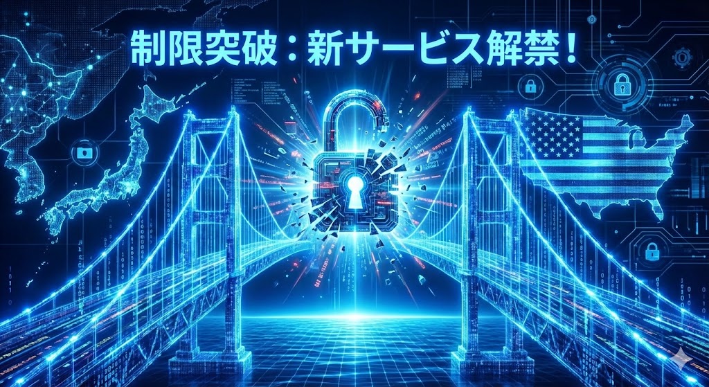 青いサイバー空間で日本とアメリカを繋ぐデジタルな橋が架かり、中央の鍵が砕けて開錠される様子を描いたアイキャッチ画像。上部に「制限突破：新サービス解禁！」というテキストが配置されている。