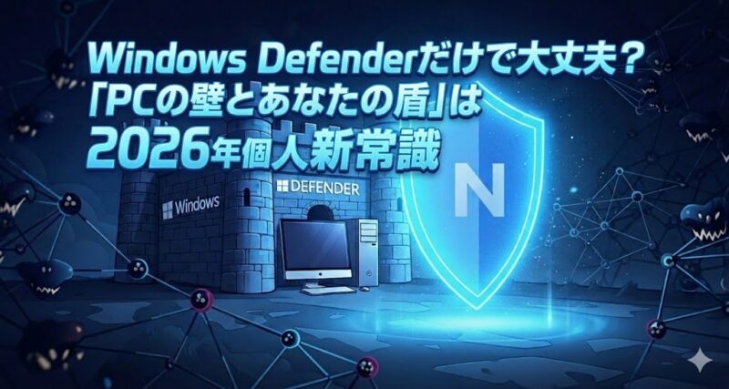 城壁に守られたパソコンを、さらに外側のインターネットの脅威から輝く青い盾が守っているイラスト。Windows Defenderの「壁」とNordVPNの「盾」による二重のセキュリティを象徴しています。