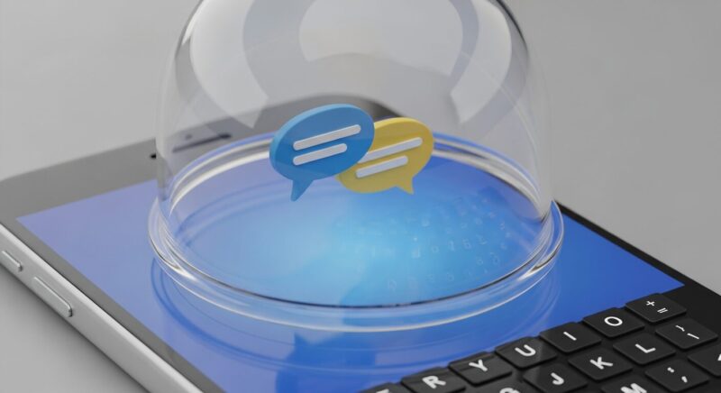 スマートフォンの画面から飛び出すチャットの吹き出しと、それを囲む保護ドームの3Dイラスト。キーボード入力情報は外部に漏れず、会話内容だけがアプリ内で安全にやり取りされている様子