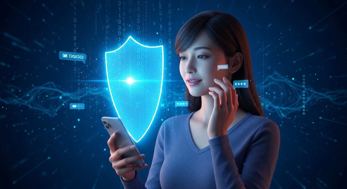 スマートフォンを手に持ち、画面を見つめる20代の日本人女性。背後にはデータの流れを示すデジタル空間が広がっているが、スマホの画面からは青い光の盾が現れ、プライバシーが守られている様子を表した3Dイラスト。