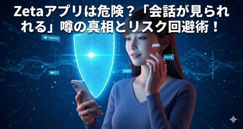 スマートフォンを手に持ち、画面を見つめる20代の日本人女性。背後にはデータの流れを示すデジタル空間が広がっているが、スマホの画面からは青い光の盾が現れ、プライバシーが守られている様子を表した3Dイラスト。