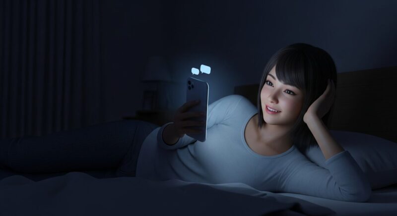 夜、暗い部屋のベッドで横になりながら、スマートフォンの画面に見入って微笑んでいる20代の日本人女性の3Dイラスト。画面の光が顔を照らし、AIとの会話に没頭している様子。リラックスと依存の境界線