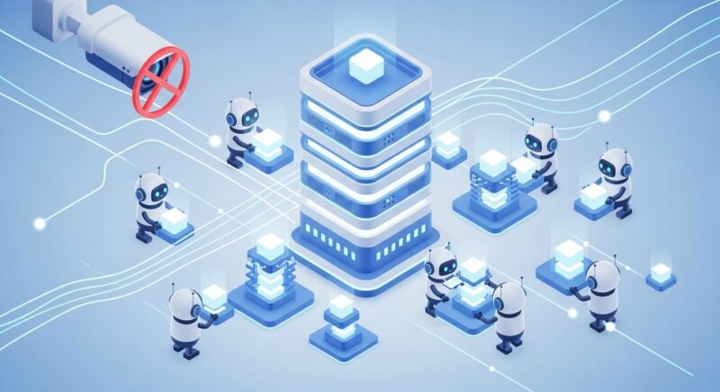 サーバーとデータの流れを表現した抽象的な3Dイラスト。人間の目は描かれず、代わりに友好的なロボットやAIのアイコンがデータ処理を行っている様子。プライバシーが守られつつシステムが稼働しているイメージ。