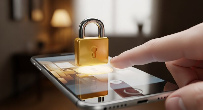 スマートフォンを操作している若者の手元の3Dイラスト。画面上には大きな黄金の南京錠のアイコンが浮かび上がり、会話が完全にロックされ、非公開になっていることを示している。