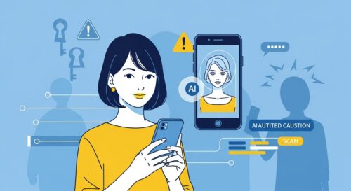 スマートフォンでAIアバターアプリを見る女性と、背後に潜むプライバシー流出や詐欺のリスクを表したイメージイラスト