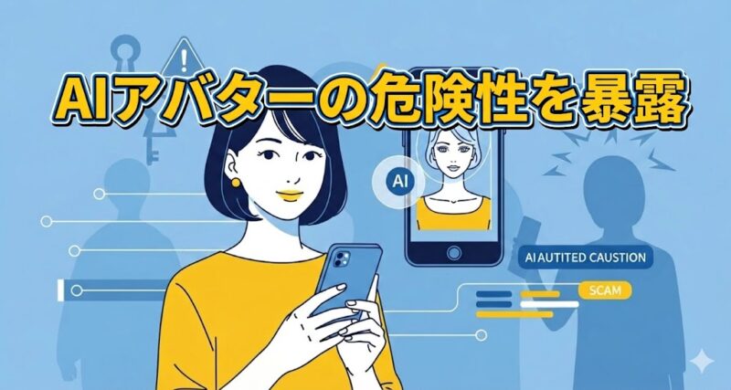 スマートフォンでAIアバターアプリを見る女性と、背後に潜むプライバシー流出や詐欺のリスクを表したイメージイラスト