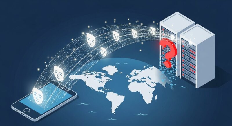 スマートフォンから海外のサーバーへ顔データが送信される仕組みを表したアイソメトリックイラスト