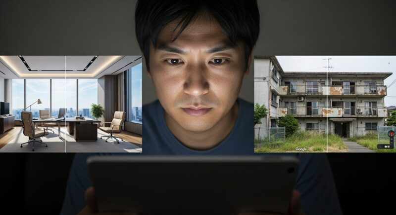 投資案件の公式サイトと実際の住所を比較して、実態を確認している様子のイメージ